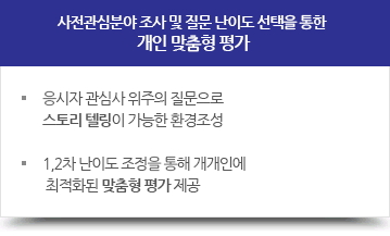 사전관심분야 조사 및 질문 난이도 선택을 통한 개인 맞춤형 평가, - 응시자 관심사 위주의 질문으로 스토리 텔링이 가능한 환경조성, - 1,2차 난이도 조정을 통해 개개인에 최적화된 맞춤형 평가 제공