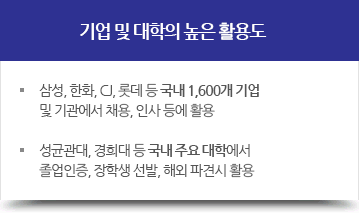 기업 및 대학의 높은 활용도, - 삼성, 한화, CJ, 롯데 등 국내 1,600개 기업 및 기관에서 채용, 인사 등에 활용, - 성균관대, 경희대 등 국내 주요 대학에서 졸업인증, 장학생 선발, 해외 파견시 활용